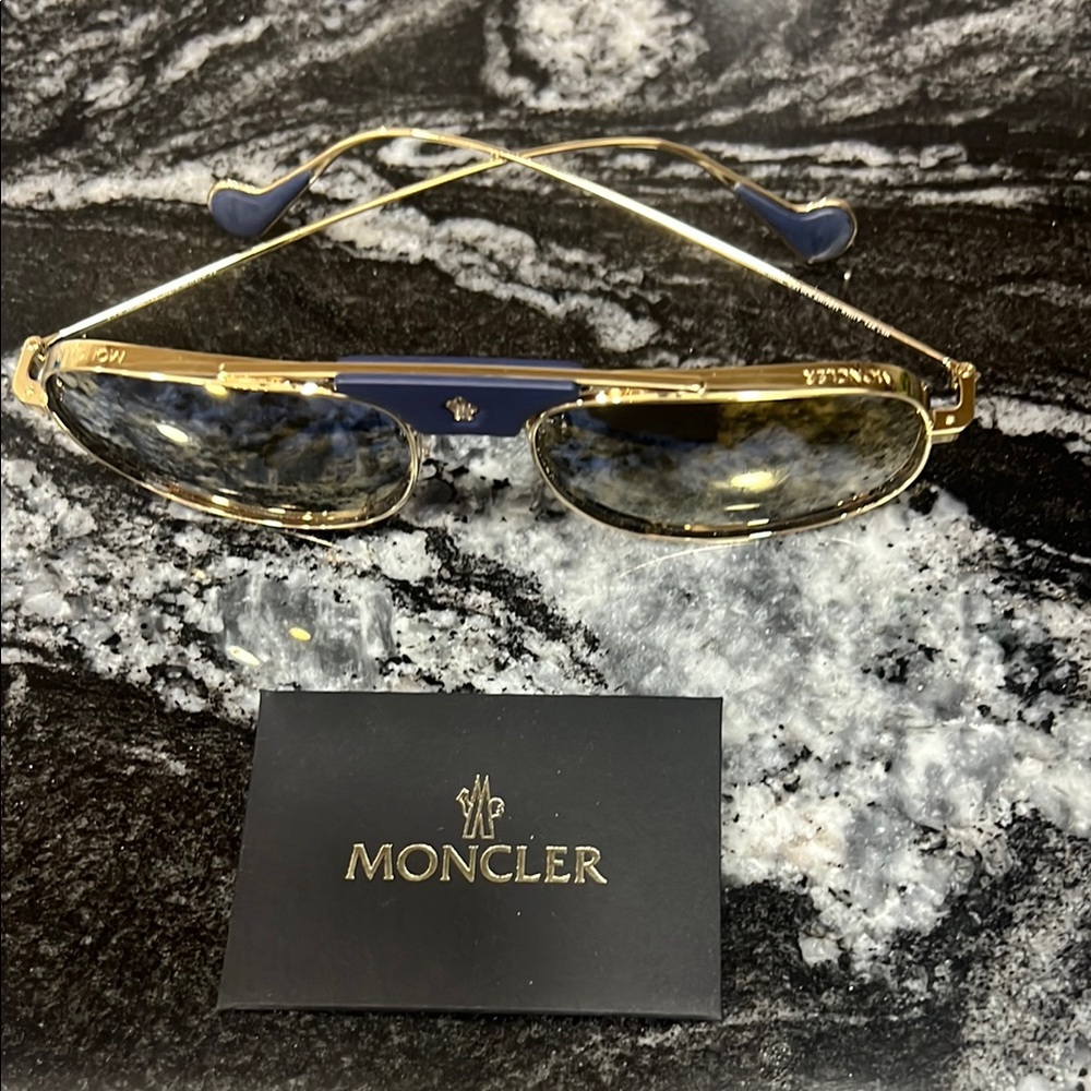 Moncler Gold Aviator Sunglasses with Blue Accents